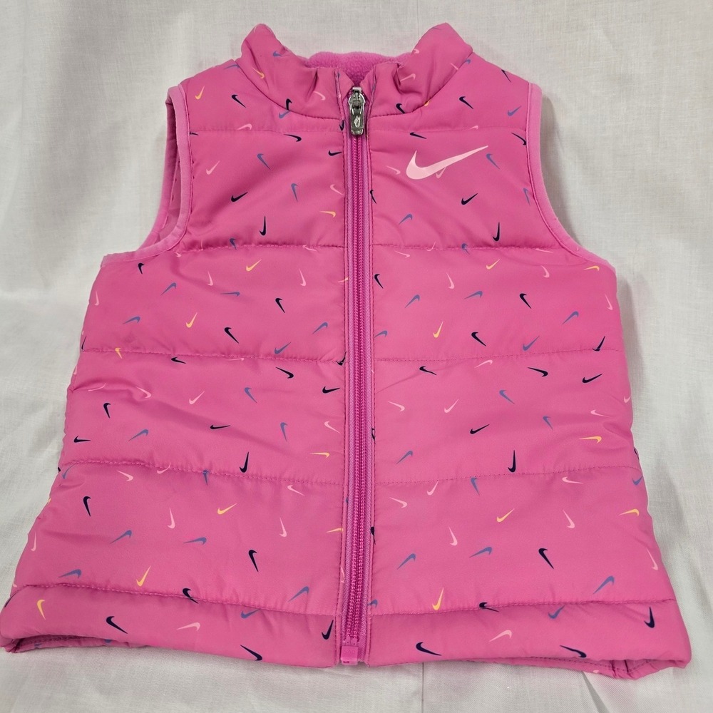 Nike Pink Puffer Vest All Over Swoosh Print Fleece Collar 2T Toddler Girls